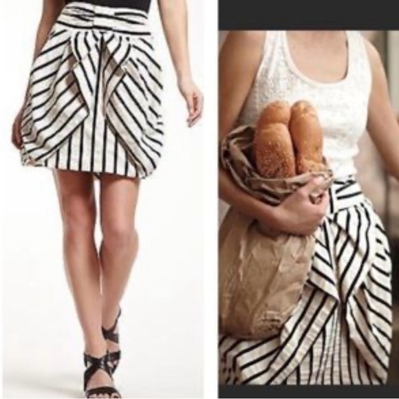 Anthropologie Freeway Black Cream Striped Bow Balloon Hem Mini Skirt - Picture 2 of 13
